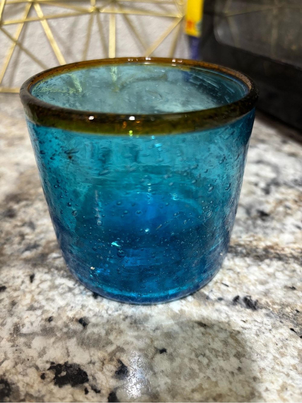 Handblown Teal Glass Candle Holder  with Olive Rim